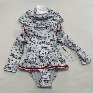Infant Girl 18M Sperry Nautical One Piece Rashguard & Hat Set - Blue Red - NWT